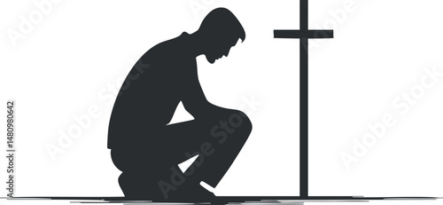 Silhouette of a man kneeling in prayer facing a cross, symbolizing faith and devotion