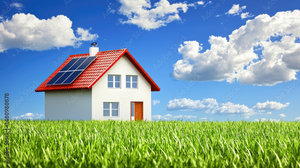 Bright home with solar panels on the roof, set in a grassy field with a blue sky Bright home with solar panels on the roof, set in a grassy field with a blue sky
