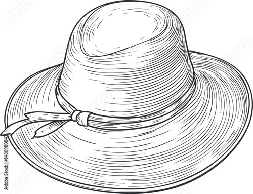 Detailed black and white illustration of a classic straw summer hat with a ribbon band for sun protection and fashion style.