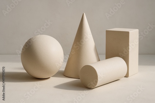Set of beige 3D geometric shapes—sphere, cone, cylinder, and cuboid—arranged in soft light, ideal for design, mathematics, or minimal art themes.