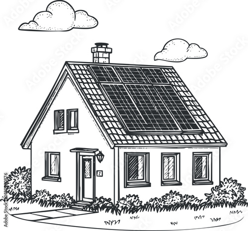 Black and white sketch of a house with solar panels on the roof surrounded by plants and clouds