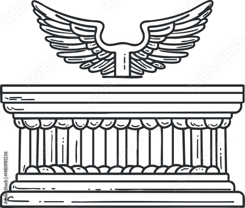 Line art illustration of classical architectural pedestal with decorative winged element on top