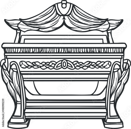 Black and white line art illustration of an ornate coffin or casket used in funeral and burial ceremonies