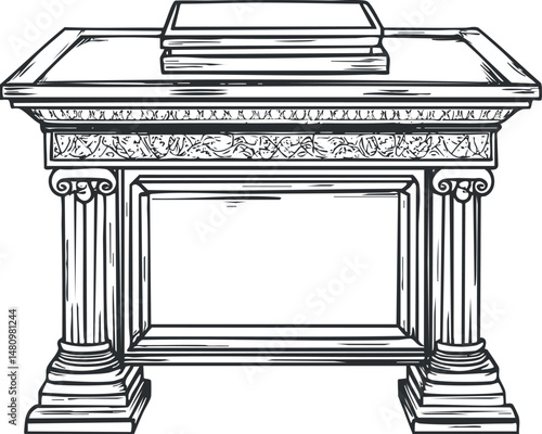Detailed black and white sketch of a classical stone altar with two ornate columns and decorative carvings