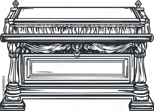 Detailed black and white illustration of an ornate ancient stone sarcophagus used for burial and memorial purposes
