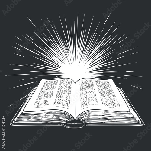 Illustration of an open book with radiant light beams shining upwards symbolizing knowledge and enlightenment