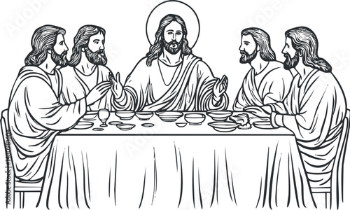 Black and white line drawing of Jesus and his apostles at the Last Supper around a table