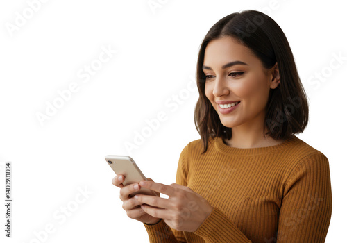 Smiling woman using mobile phone isolated on transparent background