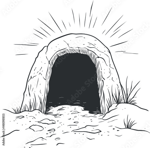 Black and white illustration of an empty stone tomb entrance with light rays symbolizing resurrection and hope