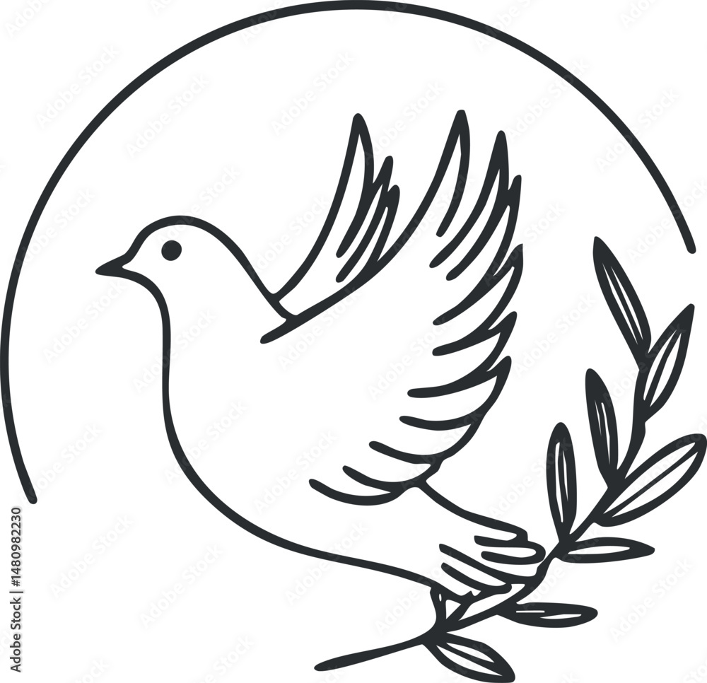 Fototapeta premium Simple black and white line art illustration of a dove holding an olive branch symbolizing peace and harmony
