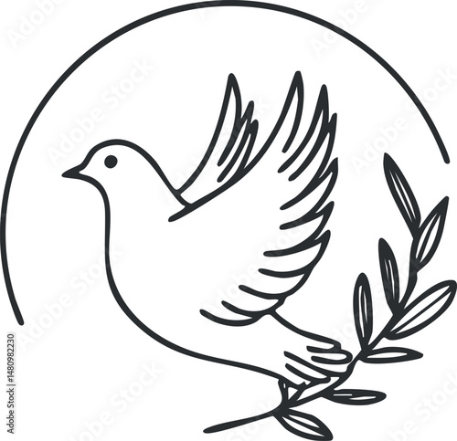 Simple black and white line art illustration of a dove holding an olive branch symbolizing peace and harmony