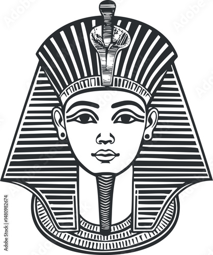 Black and white illustration of an ancient Egyptian pharaoh wearing traditional striped headdress and royal crown symbolizing ancient royalty.