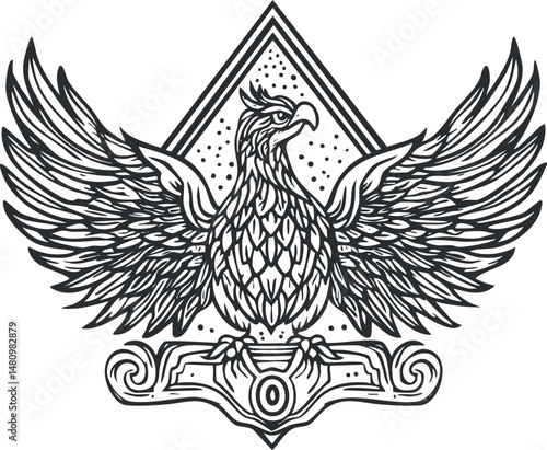 Black and white detailed eagle illustration with spread wings and ornate triangle background design