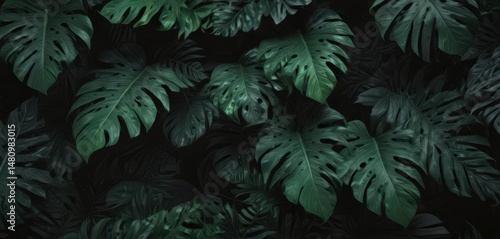 Black & deep green tropical leaves, abstract, bold pattern  Intense color , jungle, lush