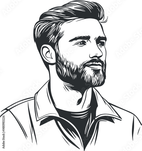 Black and white vector illustration of a confident young man with beard and styled hair in casual clothing