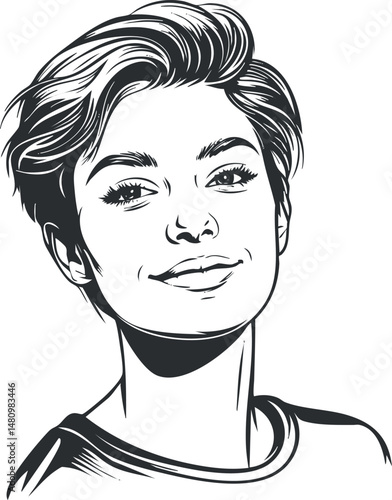 Black and white stylized illustration of a confident young woman with short hair smiling