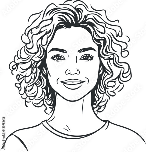 Black and white line art illustration of a smiling woman with curly hair in a casual style