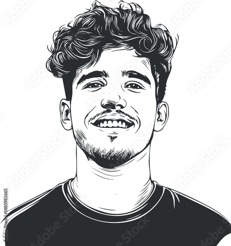 Black and white vector illustration of a smiling young man with curly hair and a beard in casual t shirt.