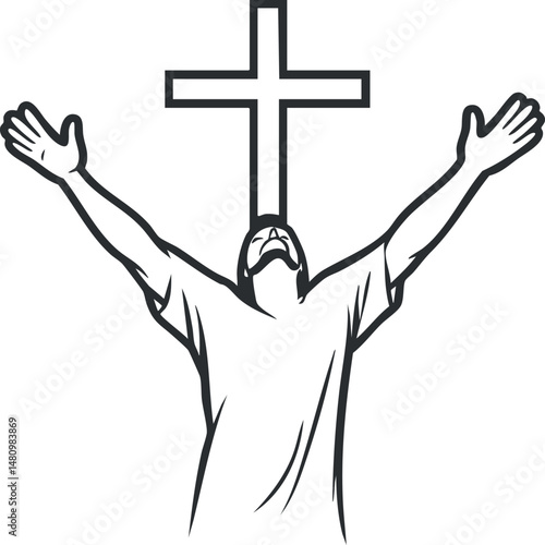 Black and white outline illustration of a man with raised arms in front of a cross symbolizing faith and worship in Christianity.
