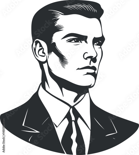 Stylized black and white portrait of a confident man wearing a formal suit and tie in profile.