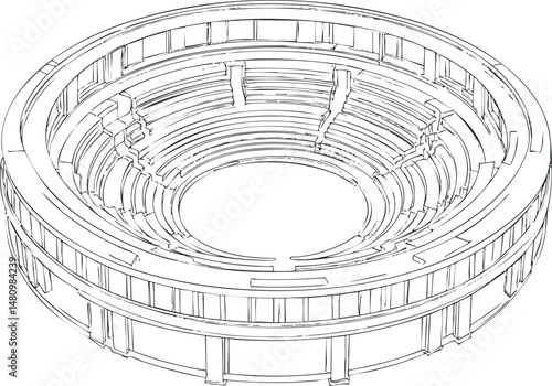 Isometric line drawing of a large circular stadium with tiered seating and open central area for sports or events