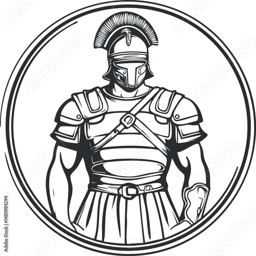 Black and white illustration of a Roman soldier wearing traditional armor and helmet inside a circular frame