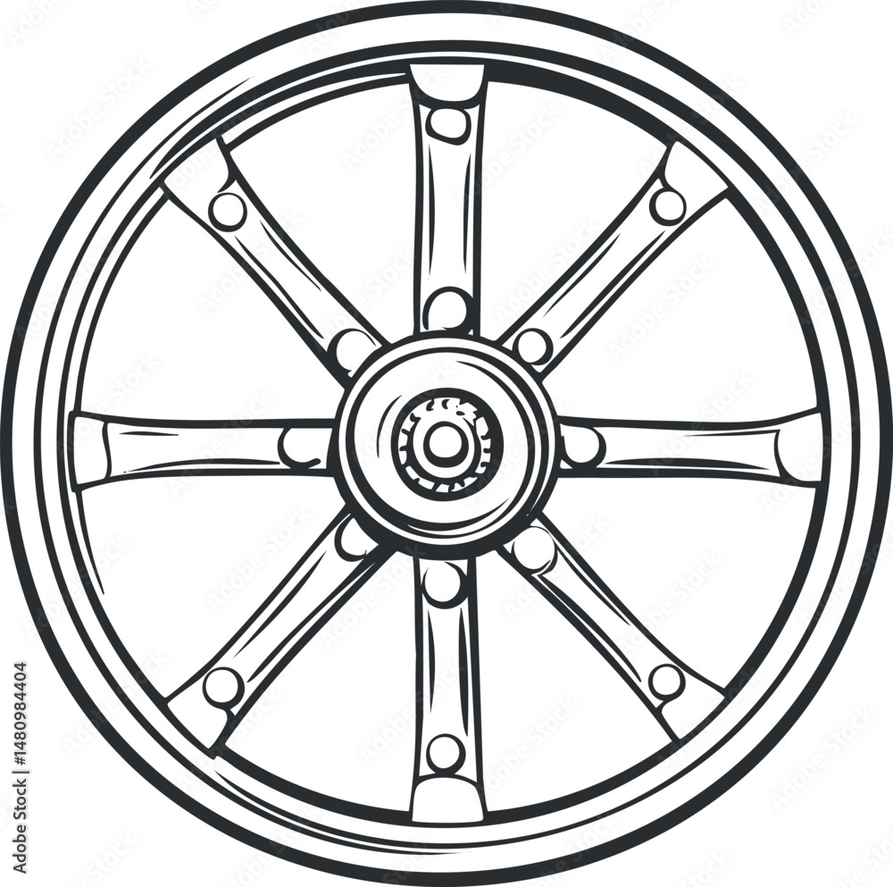 Naklejka premium Black and white line art illustration of a vintage wagon wheel with spokes and circular rim.