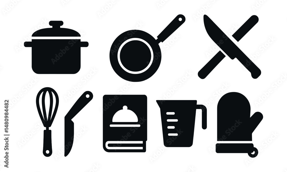 Solid style icons of cooking and kitchen: pot, frying pan, spatula, knife, whisk, recipe book, measuring cup, oven mitt. Solid style icons of cooking and kitchen: pot, frying pan, spatula, knife, whisk, recipe book, measuring cup, oven mitt.