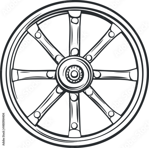 Black and white line art illustration of a vintage wagon wheel with spokes and circular rim.