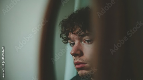 Young Man Contemplating in Mirror Reflection Minimalist Bokeh Portrait