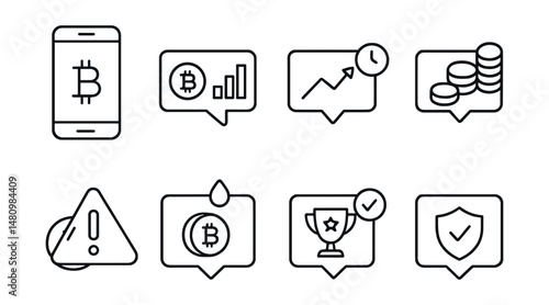 Line style icons of crypto investments: mobile investment app, push notifications for portfolio, real-time price alert icon, balance update ping, emergency price drop alert, staking payout
