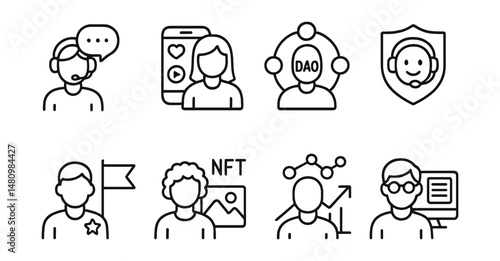 Line style icons of blockchain careers: community manager role, social media manager for Web3, DAO community lead, Discord moderator badge, ambassador program leader, NFT project marketer, community