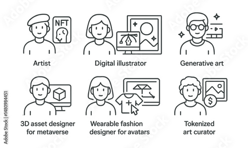 Line style icons of blockchain careers: NFT artist profile, digital illustrator for Web3, generative art creator, NFT animation artist, 3D asset designer for metaverse, wearable fashion designer for