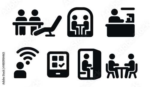 Solid style icons of coworking spaces: shared desk, lounge chair, meeting pod, coffee bar, Wi-Fi zone, booking screen, quiet booth, open table.