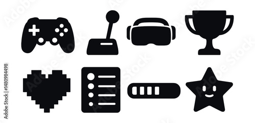 Solid style icons of gaming culture: game controller, arcade joystick, VR headset, trophy, leaderboard, pixel heart, loading bar, power-up star.