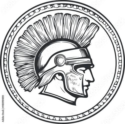 Black and white illustration of a Roman soldier helmet with plume in profile inside a circular frame