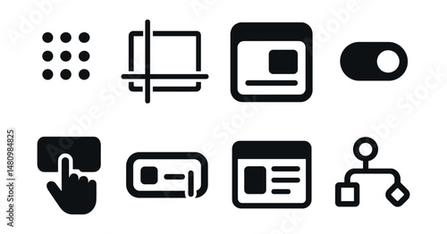 Solid style icons of intuitive UI design: drag icon, snap lines, modal window, smooth toggle, hover state, easy input, clean layout, flow map.