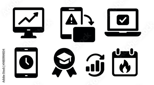Solid style icons of e-learning analytics: progress chart, drop-off alert, quiz score, content completion, time-on-task, learner badge, retention bar, daily streak.