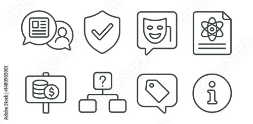Line style icons of content classification: news vs opinion icon, editorial tag badge, satire tag, science or not file, sponsored board, “what type is this?” chart, label content bubble, info