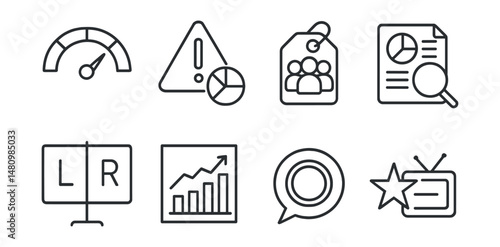Line style icons of political media awareness: bias meter icon, agenda alert badge, multiple view tag, compare sources file, left vs right board, editorial line chart, neutral lens bubble, democracy