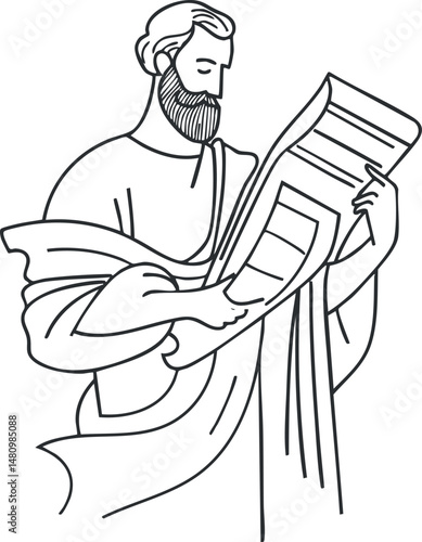Line art illustration of a bearded man reading an ancient scroll or manuscript document