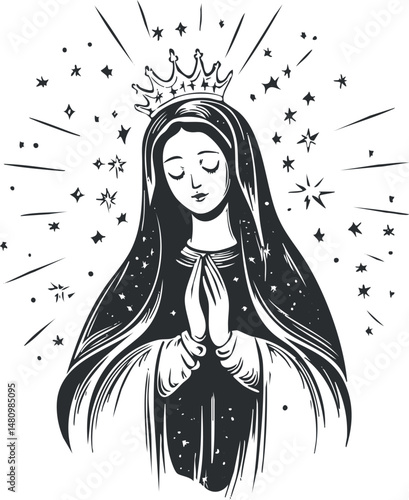 Black and white illustration of a praying virgin mary with a crown and stars symbolizing holiness and spirituality