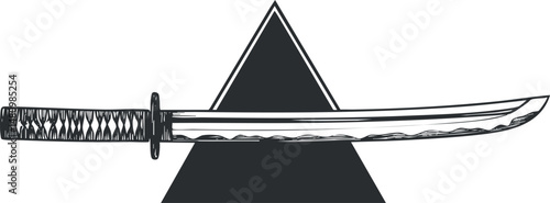 Black and white illustration of a traditional Japanese katana sword with a triangular background.