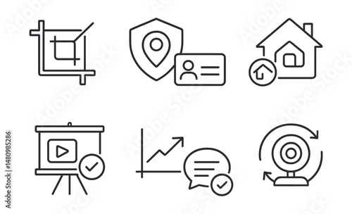 Line style icons of safe video sharing: crop background icon, mask location badge, no full name tag, quiet house file, review before post board, limit views chart, caption check bubble, camera