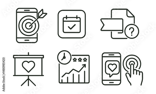 Line style icons of intentional screen use: tech on purpose icon, planned app badge, intentional scroll tag, reflect before click file, value-based use board, time reward chart, screen and values