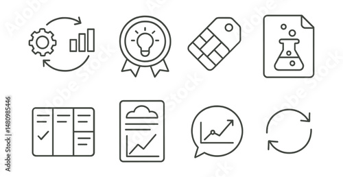 Line style icons of lean startup methods: build-measure-learn icon, assumption test badge, lean canvas tag, experiment tracker file, validated learning board, hypothesis card chart, early metric