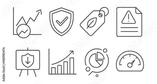 Line style icons of risk management: volatility index icon, stop loss badge, hedging strategy tag, risk tolerance file, downside protection board, risk-adjusted return chart, diversification plan