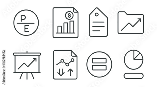 Line style icons of fundamental analysis: P/E ratio icon, earnings report badge, financial statements tag, company valuation file, revenue growth board, cash flow chart, balance sheet bubble,