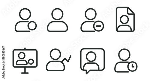 Line style icons of user status indicators: online icon, away badge, do not disturb tag, invisible mode file, last seen board, active now chart, custom status bubble, idle mode symbol.