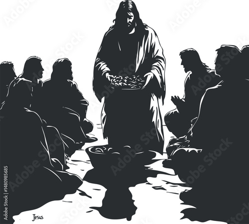 Black and white silhouette illustration of Jesus holding a basket of fish surrounded by his disciples in a biblical religious scene